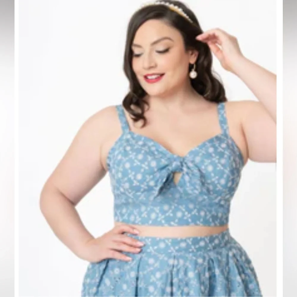 Unique Vintage Chambray Floral Eyelet Chessie Crop Top
